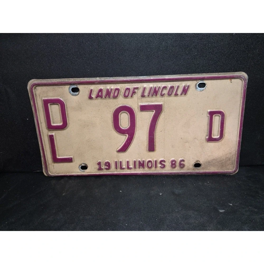 Illinois Vintage 1986 License Plate Land of Lincoln Purple Cream PL 97 D Retro